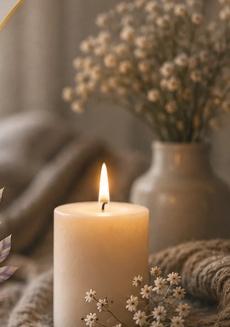 Bougie allumée et bouquet de fleurs séchées, ambiance apaisante