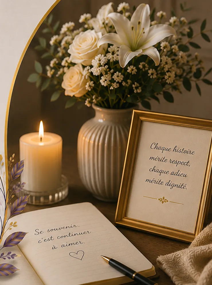 Bougie, bouquet de lys blancs et cadre « À vos côtés, avec respect et humanité »