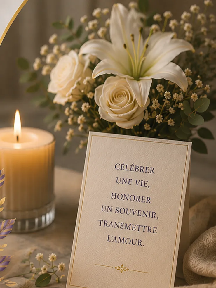 Bouquet de lys et roses blanches, bougie et carte « Célébrer une vie, honorer un souvenir, transmettre l'amour »