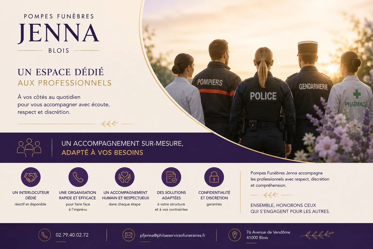 Pompiers, policiers, gendarmes, soignants et pharmaciens réunis — un espace dédié aux professionnels